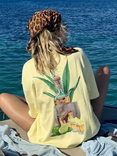 Camiseta de mujer "Tequila Summer", versión regular con estampado tropical, cómoda blusa de manga corta con cuello redondo de estilo mediterráneo, prenda única para vacaciones en la playa y uso casual