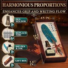 Feather Quill Pen And Ink Set – Stainless Steel Dip Pen With 5 Nibs, Non-Slip Grip, Stand & Gift Box – Vintage Quill And Ink Set For Signing, Writing Calligraphy Kit, Elegant Writer Gift - Turquoise - View 3