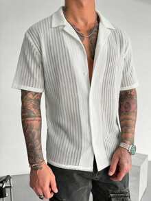 WAIT HIM Camisa de manga corta de uso diario versátil y casual de un solo abotonadura de unicolor para hombres - Blanco - Ver 2