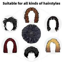Silk Satin Bonnets For Women - Elastic Wide Band Hair Wrap Cap For Curly Hair - Shower Cap For Sleeping ,Wig Tool - Đen - Xem 2