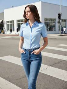 Women's Short-Sleeved White Shirt, Suit Inner Top For Office Work, New Spring/Summer 2025, Summer Business Professional Attire - Màu xanh nhạt - Xem 1