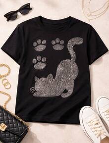 Women's T-Shirt With Kitten Print And Shiny Rhinestones - Black - View 4