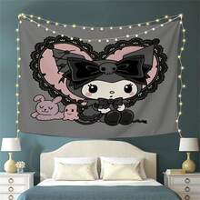 SANRIO 1件装大型三丽鸥哥特式可爱动漫挂毯 - 黑色粉色爱心图案布艺墙毯，适合宿舍、可爱动漫主题装饰、横向大型墙面艺术品 - 彩色 - 查看 1