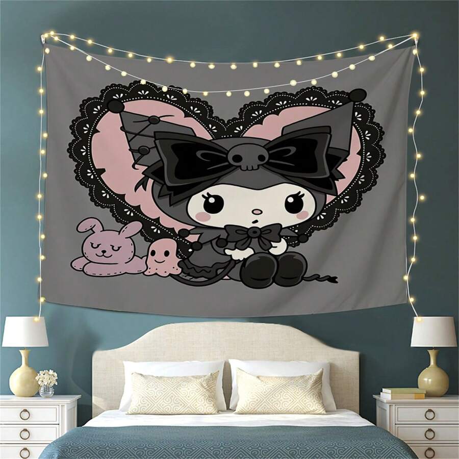 SANRIO 1件装大型三丽鸥哥特式可爱动漫挂毯 - 黑色粉色爱心图案布艺墙毯，适合宿舍、可爱动漫主题装饰、横向大型墙面艺术品 - 彩色 - 查看 1