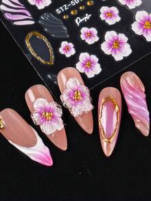 2pcs 5D Embossed Petal Spring Nail Stickers, Ombre Purple Flower Jelly French Line Soft Carving Wedding Manicure DIY Nail Art Decorations - Multicolor - View 7