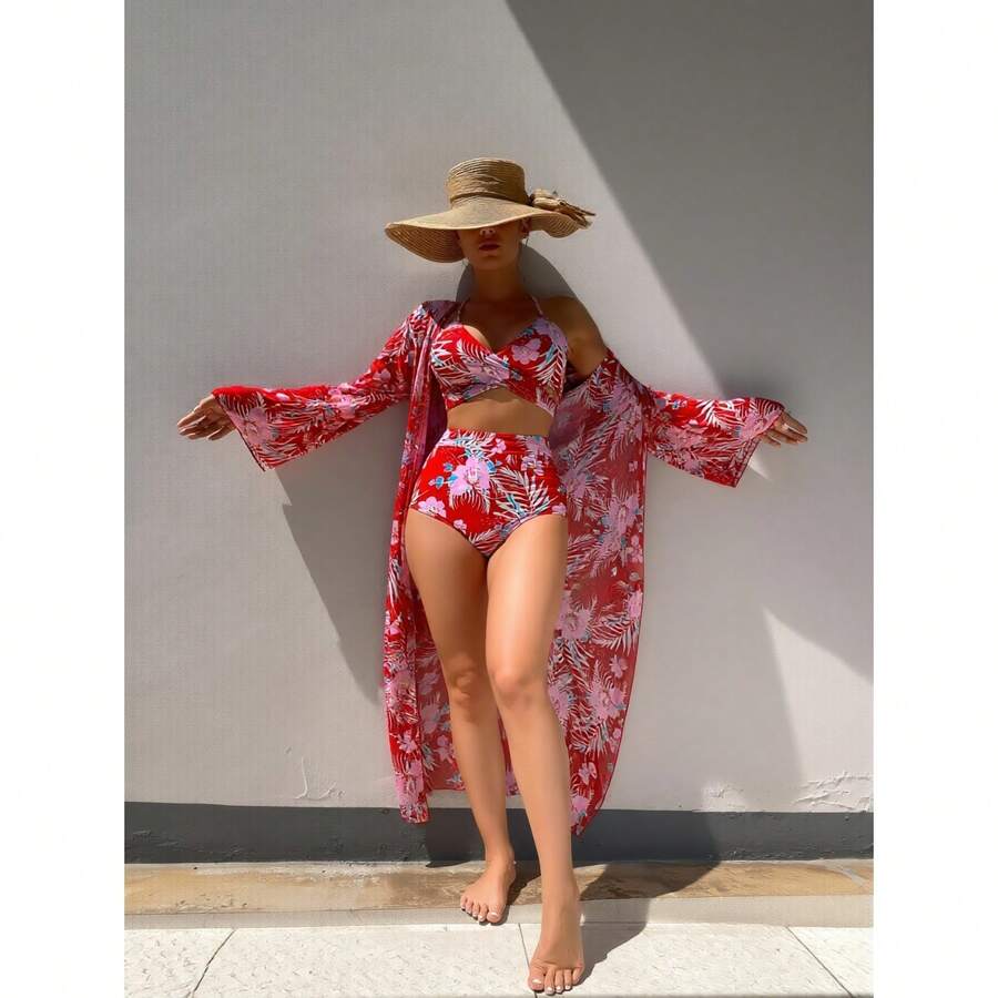3 Piece Swimsuit For Women Sexy Floral Bikini Set With Cover Up, High Waist Bathing Suit, Red Beachwear, Push Up Padded Top, Adjustable Tie Sides - Nhiều màu 183 - Xem 1