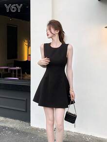 Y6Y 黑色无袖轻盈飘逸连衣裙 | 女士时尚甜美夏季短款连衣裙 - 黑色 - 查看 9