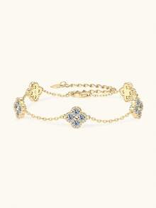 XUJIA 1pc 925 Sterling Silver Four-Leaf Clover Women's Fashion Bracelet, 3mm*20pcs Round Moissanite Lucky Pendant, Sweet Valentine's Day Gift For Girlfriend/Wife - Yellow Gold - View 10