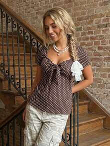 Women's Dot Sweetheart Neck Tops Cute Short Sleeve Front Knot Tie Up Shirt Retro French Blouse - 咖啡色 - 查看 4