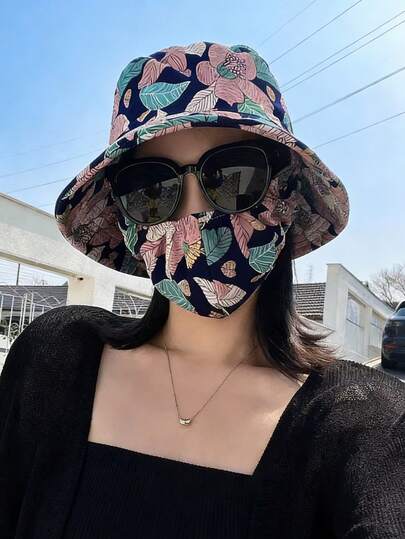 1件装户外防紫外线面罩和渔夫帽，时尚遮阳帽，碎花图案，防风，适合骑行和日常佩戴