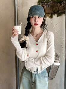 Women's Sweet Casual V-Neck Cherry Button Adorned Distressed Hem Sweater, Spring/Summer - White - View 4