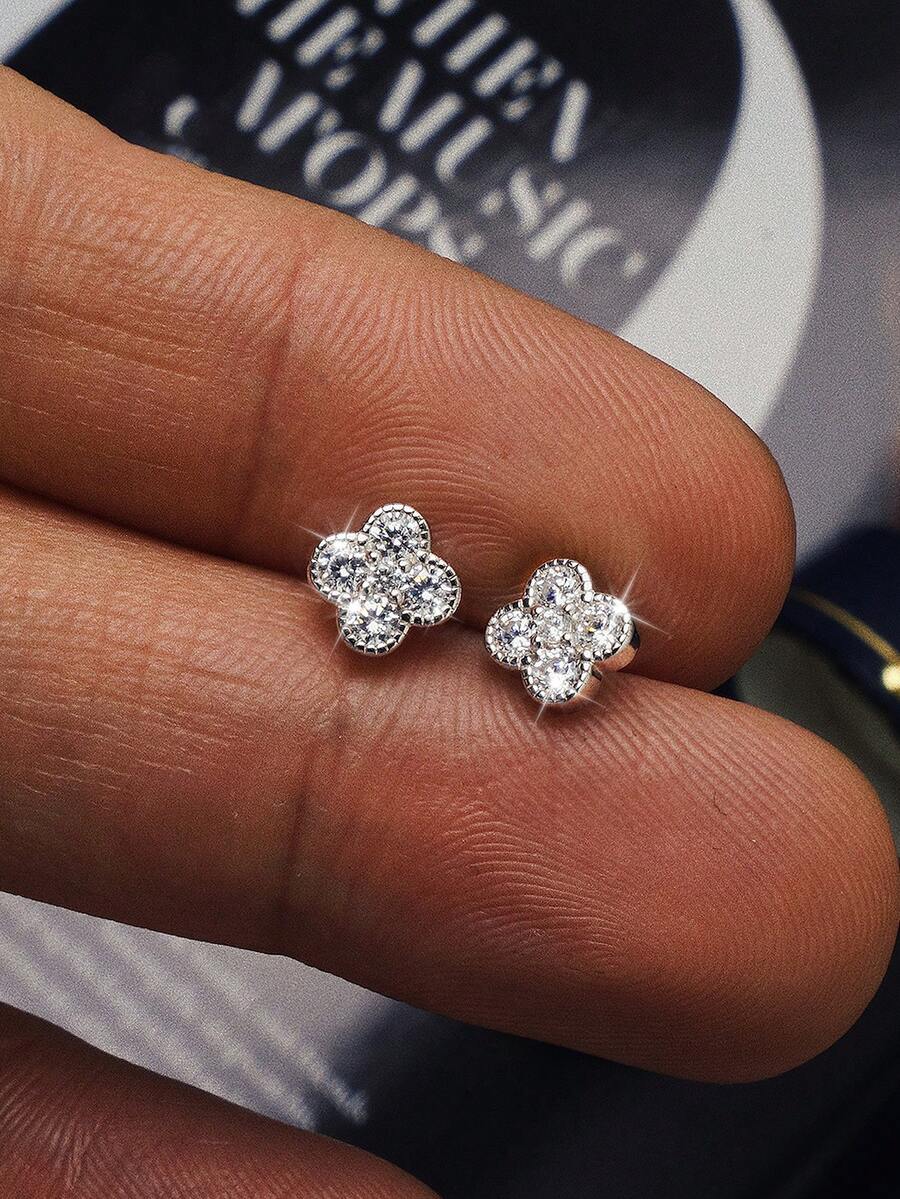 1对S925纯银幸运四叶草耳环，独特设计，镶嵌立方氧化锆小花，百搭耳环，女士礼物 - 四葉草 - 查看 1
