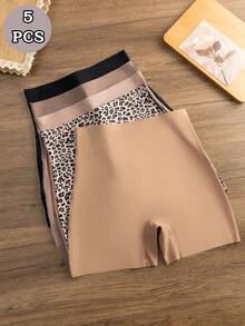 5条装女士无缝纯色及豹纹宽腰带休闲运动瑜伽内裤，弹性透气柔软三角裤 - 彩色 - 查看 1
