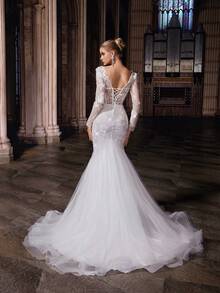 QOQ 优雅浪漫白色网纱深V领蕾丝长袖新娘婚纱礼服 - 白色 - 查看 2