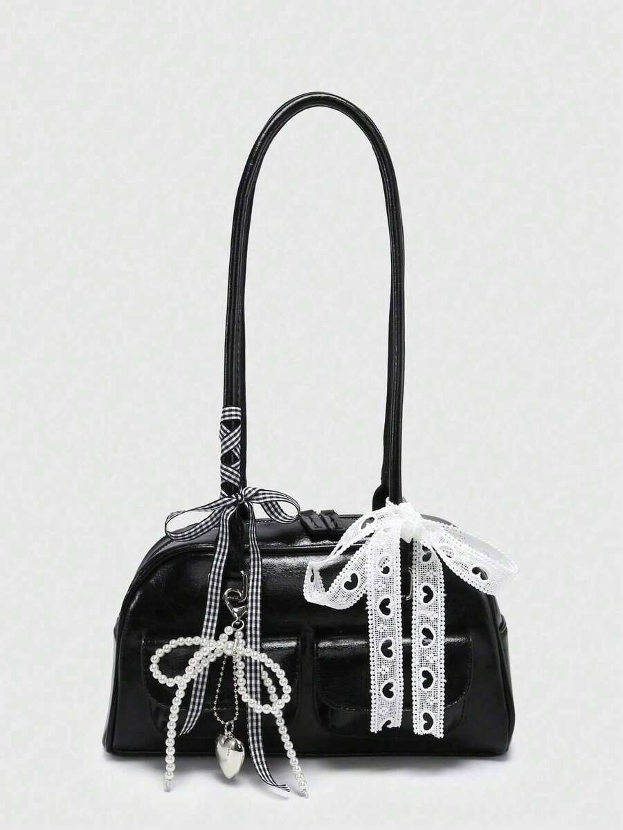 1pc Lace Bow Ballerina Style Underarm Baguette Bag For Women, Retro Y2K, Suitable For Going Out, Dating, 2000s Fashion Style Bag For Women - 黑色 - 查看 1
