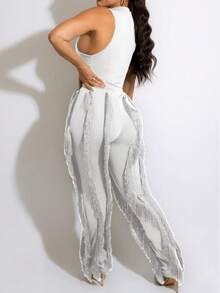 CALEBGAR Sleeveless High Neck Knitted Fringe Party Tunic Top And Pants Two Piece Outfit For Women - trắng - Xem 4