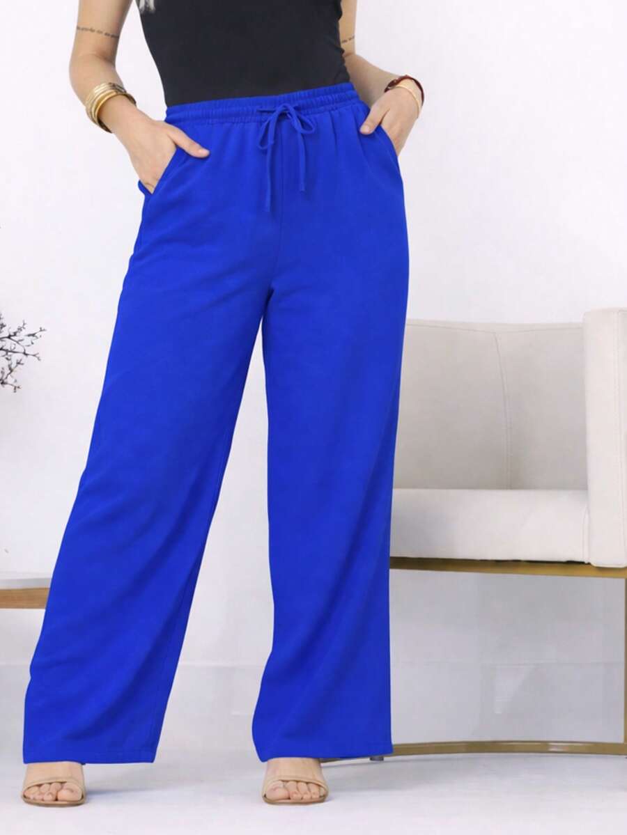 Wide-Leg, Loose-Fitting, High-Waisted Pants In Duna Fabric With Elastic Waistband And Pockets. - Bic Blue - View 1