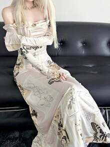 Vestido largo escote hombros descubiertos manga larga estampado mariposa cintura alta ajustado - Blanco - Ver 3