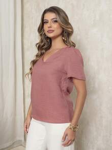 DUOUNO MODAS - WOMEN'S SHORT-SLEEVED BLOUSE WITH V-NECK AND SAMPLE SEAM IN LINEN FABRIC - WOMEN'S BLOUSES - 鮭魚 - 查看 2