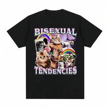 Bisexual Tendency Funny Cat Model T-Shirt 2026 Summer Men's Women's Casual Cotton Fashion Harajuku Oversized T-Shirt Street Y2K - Grey - View 9