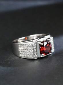 1pc S925 Silver Men's Engagement Ring, Inlaid With 2 Carat Synthetic Garnet, Luxury Jewelry, Suitable As Wedding Anniversary Or Valentine's Day Gift, Ramadan Jewelry - Silver - View 2