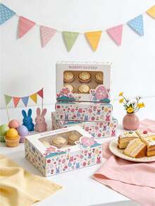 5pcs/10pcs Easter High-Quality Cake Boxes Set With Handle & Window, Rabbit & Egg Print Thick Cardboard Bakery, Cake, Chocolate, Cookie, Party, Birthday, Easter Festival Packaging Boxes, Cupcake Boxes - View 3