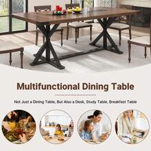 ​​94/78 Inch Rectangle Kitchen Farmhouse Table For 8-10 People W/ Thick Waterproof Wood Tabletop & Wood Strip Base For Kitchen/Dining/Living Room​​ - 棕色和黑色 - 查看 6