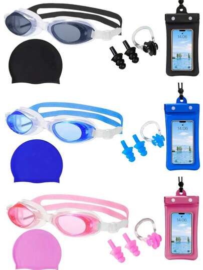 Equipo de natación de verano para exteriores, múltiples piezas para elegir, gorro de natación de silicona irrompible, protección para los oídos, protección para los oídos impermeable y cómoda tanto para hombres como para mujeres, gafas de natación impermeables para adultos, opciones planas, ligeras y multicolor, tapones para los oídos y pinzas nasales, set de pinza nasal y tapones para los oídos en caja de silicona, equipo de natación para adultos, bolsa impermeable para teléfono móvil plegable en tres partes, set de protección de piscina y manantial termal con airbag, equipo de buceo, bolsa de pantalla táctil a la deriva