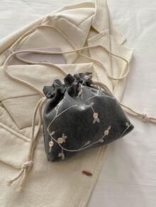 2025 New Drawstring Small Handbag For Women, Minimalist Fashion Versatile Ins Style Lace Bucket Bag - Black - View 8