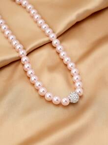 Bộ trang sức nữ, thiết kế tối giản thanh lịch với dây chuyền và vòng tay đính ngọc trai giả bất đối xứng, thích hợp để đeo hàng ngày và làm quà tặng. - Quả cầu đá quý lớn, ngọc trai màu hồng - Xem 3