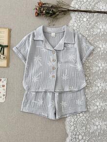 2pcs/Set Baby Boy Coconut Tree Print Cotton Shirt + Shorts Set, Spring/Summer - Dusty Blue - View 7