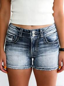 Women's High Waist American Flag Denim Shorts With Flap Pocket, Distressed Denim Shorts With Stretch Slim Casual Shorts - 藍色 - 查看 6