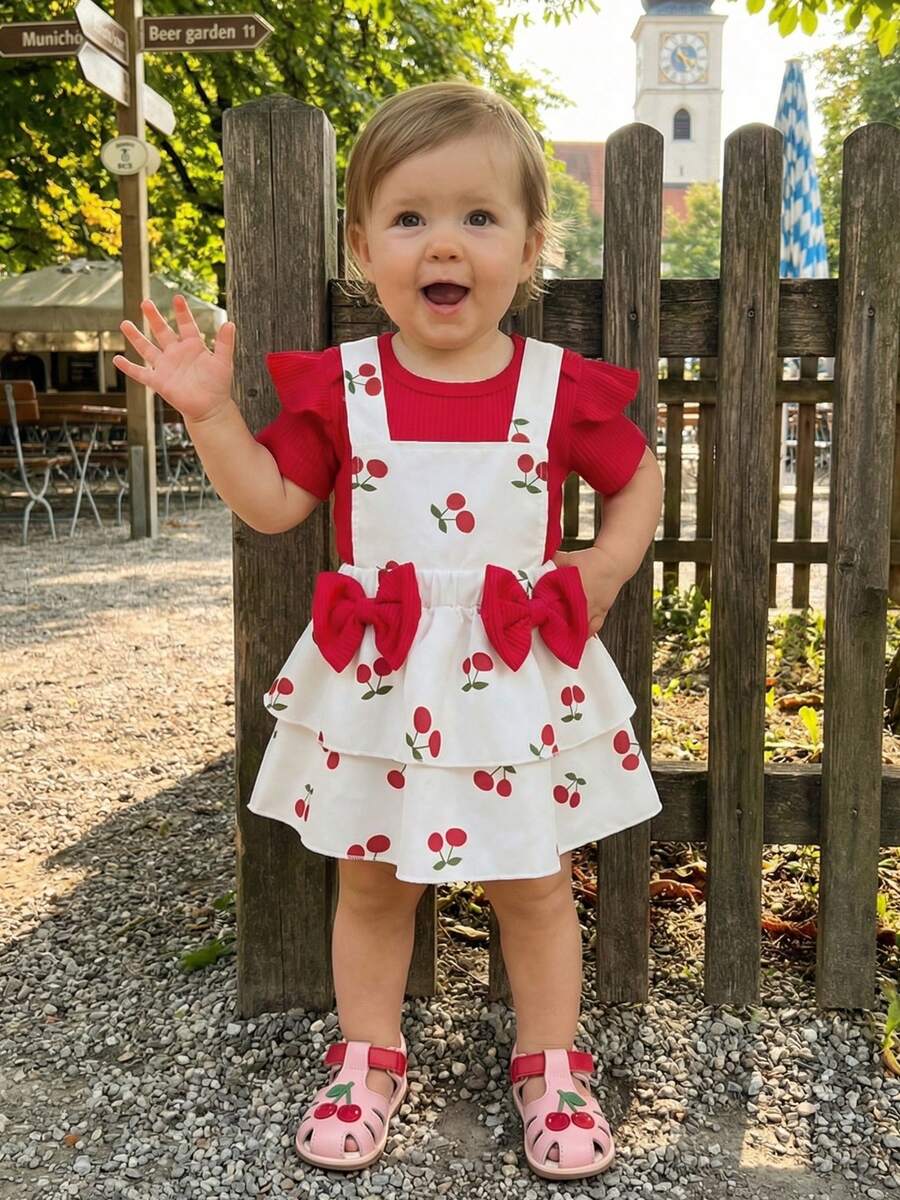 Conjunto de 2 piezas de verano para niñas pequeñas, mono liso de manga corta y mono con estampado de cerezas, ropa bonita para uso diario, ideal para 1 a 18 meses - Rojo - Ver 1