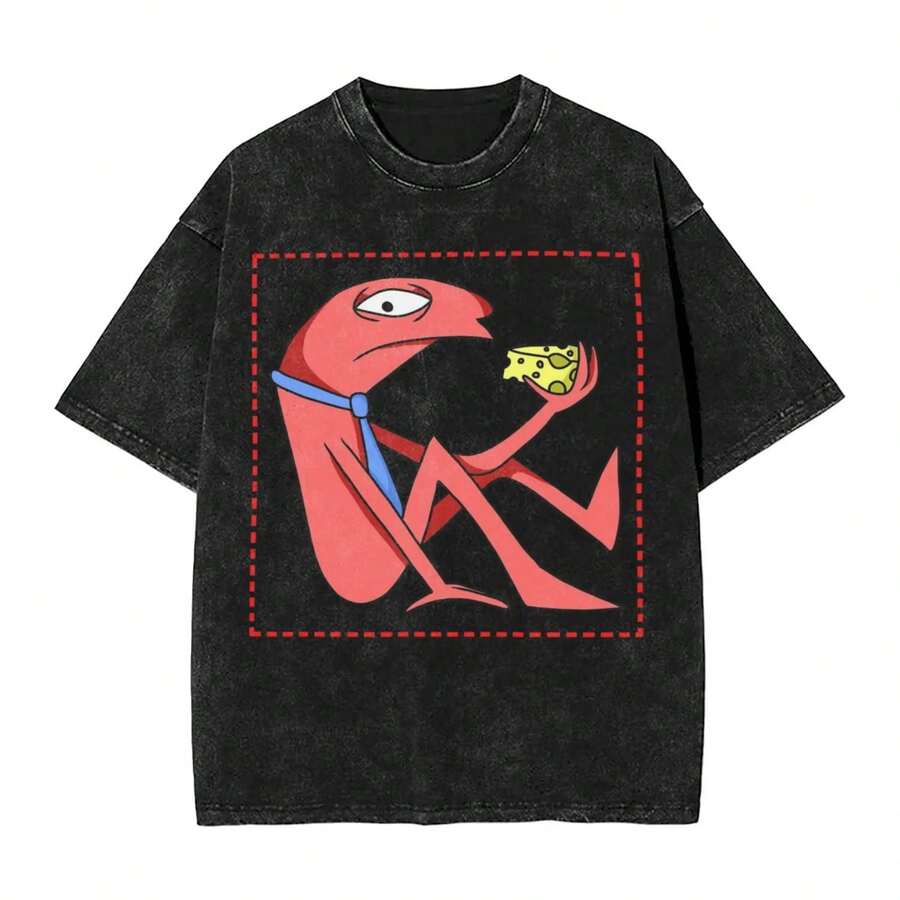 Smiling Friends Cartoon T Shirts Hip Hop Washed Short Sleeve Harajuku T-Shirts Retro For Men Women Streetwear Summer Tees - 黑色 - 查看 1