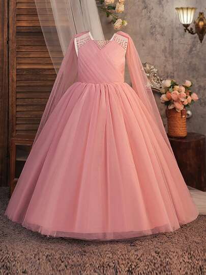 Tween Girls Sleeveless Faux Pearl Beaded Tulle Elegant Long Party Dress, Suitable For Flower Girl, Wedding, Birthday, Prom, Graduation Ceremony, Faux Pearl Beads Randomly Decorated, Headband Not Included