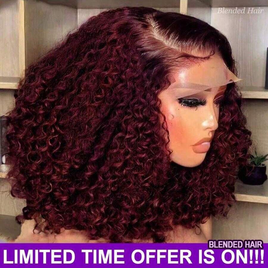 200% 密度 16 英寸 99J 酒红色杰瑞卷全蕾丝前假发 13x4 预拔毛高清透明杰瑞卷蕾丝前假发混合发预拔毛深波浪卷混合发纤维蕾丝前假发，适合