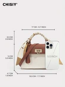 CHISIY 1pc Fashion Brown & White Patchwork Minimalist Handbag, Suitable For Business, Casual, Shopping, School, With Zipper, Shoulder Strap, Crossbody, Versatile Retro Charm, Elegant Personalized, Suitable For Any Occasion, Showcasing Unique Fashion Taste - Brown - View 2