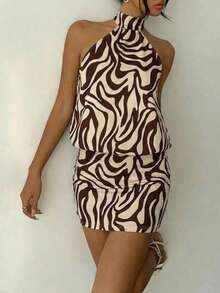 女士性感露背吊带迷你连衣裙，棕色米色抽象印花，无袖修身设计，适合派对、约会等夏季穿着。 - 棕色 - 查看 4