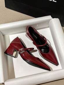 2026夏季新款女士时尚办公休闲派对简约百搭高跟鞋，纯黑色、酒红色、棕色，尖头，粗跟，金属搭扣装饰，优雅乐福鞋，适合搭配阔腿裤和连衣裙 - 酒紅色 - 查看 1