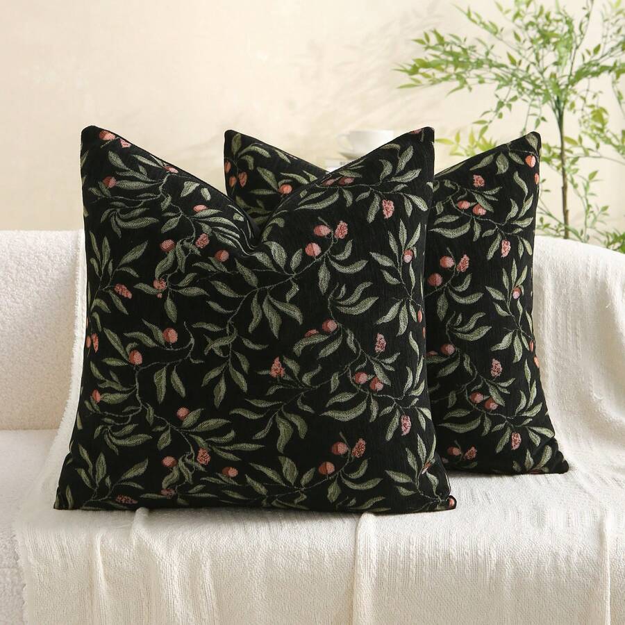 1个雪尼尔提花枕套（不含枕芯），四季皆宜，波西米亚风格抱枕，农舍风装饰靠垫套，图案枕套，适用于沙发、床、家居装饰、节日礼物，黑色叶子花卉图案 - 黑葉 - 查看 1