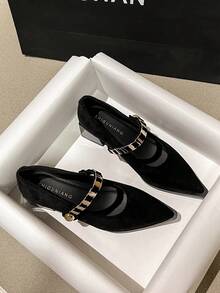 2026春季新款女鞋，复古玛丽珍粗跟尖头浅口鞋，金属搭扣设计，通勤及日常穿着，棕色、米色、黑色 - 黑色 - 查看 4