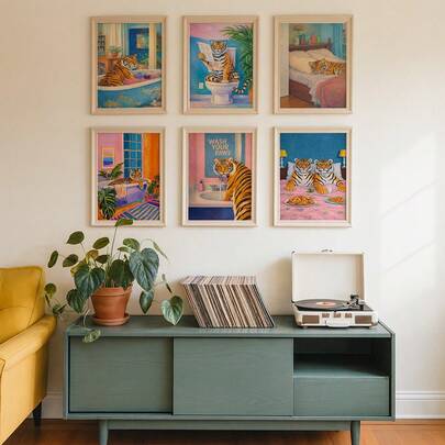 6幅可爱老虎图案墙画海报，色彩鲜艳，趣味十足，动物帆布画，可悬挂，家居美学装饰，客厅卧室公寓装饰，无框
