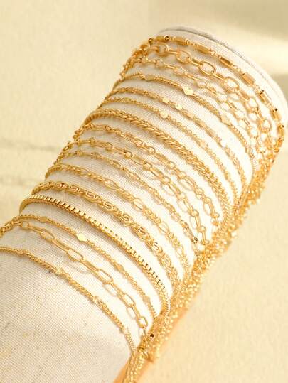 16pcs Fashionable Minimalist Elegant Vintage Geometric Clasp Chain Box Chain Metal Lightweight Bracelet Set, Suitable For Holiday, Party, Date, Daily Wear