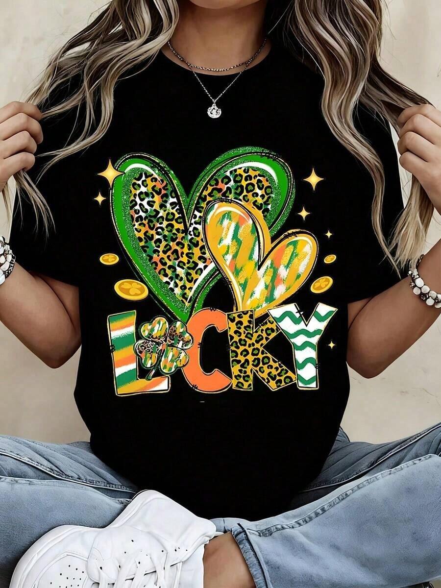 Camiseta con Estampado de Leopardo y Trébol de la Suerte, Negra, para Celebración del Día de San Patricio, Camiseta Gráfica para Mujer, Atuendo de Fiesta, Diseño de Amuleto de la Suerte - Negro - Ver 1
