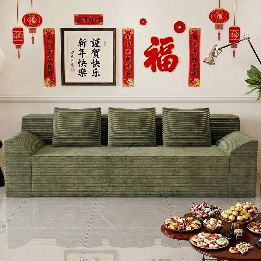71" Love Seat Couches, Corduroy Boneless Loveseat With Deep Seats, 2 Seat Couch Apartment Size Couch With 3 Pillows&Side Pockets For Bedroom, Office, No Assembly Required - 綠斜扶手 - 查看 1