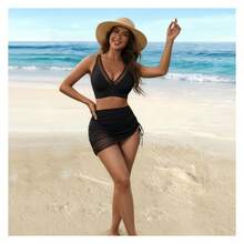 Black 2 Piece Bikini Set For Women - Mesh Sarong Swimsuit, Push Up Padded Bathing Suit, M Size - Vacation Beachwear, Halter Top, High Waisted Bottom - 多色180 - 查看 2