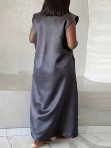 GLOURI Women's Charcoal Grey Sleeveless Maxi Dress - Ruched Front & Side Tie Detail & Relaxed A-Line Silhouette | Minimalist Effortless Fit For Weekend Getaways (Modern Minimalist Design) - 藍色 - 查看 3