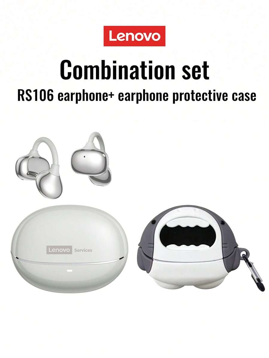 Lenovo 联想 RS106 蓝牙耳机及保护套组合套装，耳挂式运动耳机，超长续航，蓝牙 6.0 低延迟，沉浸式音效，游戏和音乐低延迟，适用于智能手机、电脑，节日礼物之选
