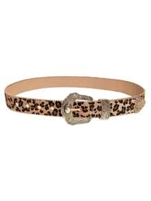1pc Leopard Print Retro Vintage Style Gold Metal Carved Buckle PU Leather Belt - Leopard Print Court Style - View 3