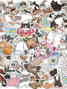 50pcs Love & Little Cats Stickers Cute Cartoon Chic For Journal, Phone Case, Tablet, Water Bottle, Desk, Luggage, Waterproof Decals - Multicolor - View 3